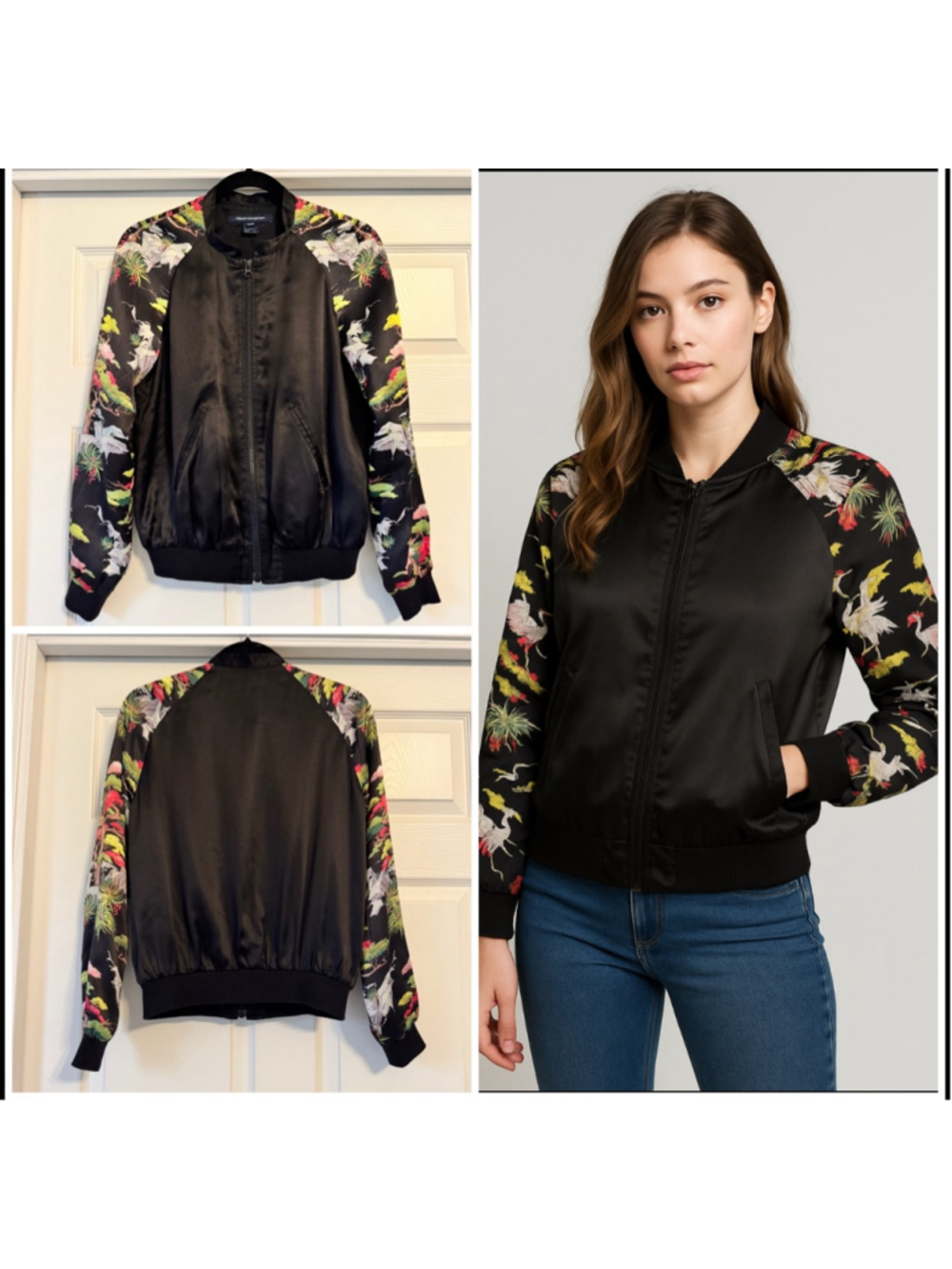 French Connection 100% Silk Bomber Jacket, Size 4, Black Full Zip Floral Sleeves
